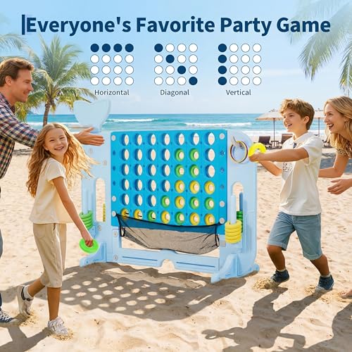 Giant 4 in a Row Game Set, Whale Design 4-in-1 Jumbo Yard Games with Basketball Hoop & Mini Golf, Ring Toss, 4 Adjustable Heights Connect Board with Catch Net for Kids Adults Outdoor Play