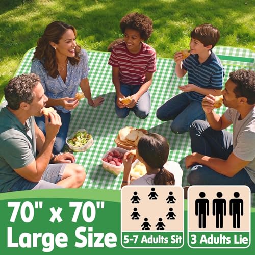 Large Picnic Blanket Beach Blanket 70'' x 70'', Outdoor Waterproof Sandproof Foldable Blanket, Camping Garden Grass Patio Lawn Park Hiking Travel Essential Accessories Green Gingham Mats