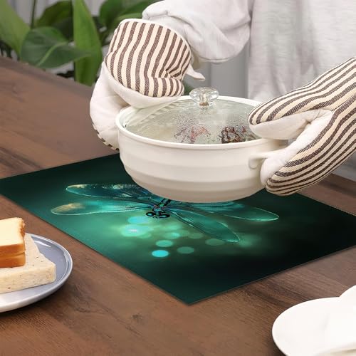 Placemats Set of 6,Green Dragonfly Table Mats,Glass Dragonfly Washable Linen Table Mats,Non-Slip Heat Resistant Placemats for Party Kitchen Dining Indoor Outdoor 12"x18" - color: Green Dragonfly,glass Dragonfly