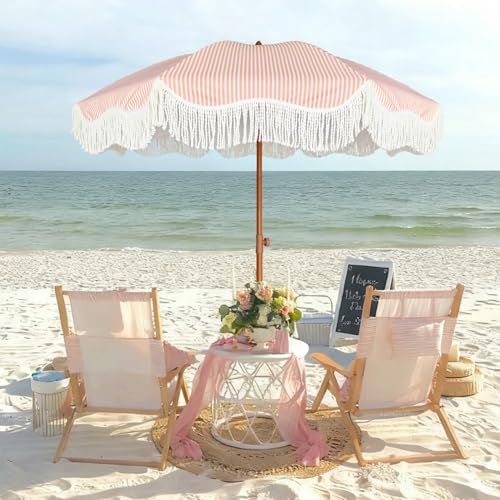 AMMSUN Boho Fringe Umbrella Outdoor Patio, 6.5ft UPF50+ Picnic Umbrella with Tassels with Steel Pole and Push Button Tilt, Pink Stripe - color: Pink Stripe