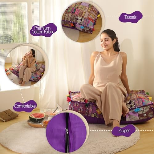 THE ART BOX Cotton Patchwork Vintage Boho Embroidered Floor Pillows & Cushion Cover Dog Pouf Seating Pouf Meditation Pillow Pet Bedding Cat Bed Boho Home Décor (35x35 Inches, Cover Only) - color: Purple