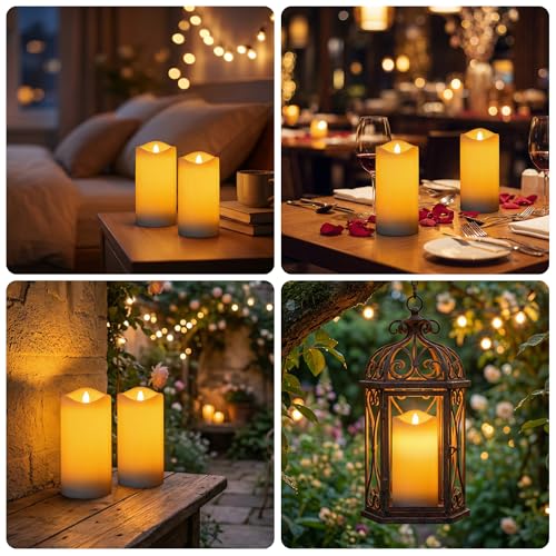 Livinlarge 4 Pack Outdoor Solar Powered Candles, 3"x6" Rechargeable Dusk to Dawn Lighting, Flameless Flickering Pillar LED Votive Candle, IP65 Waterproof for Patio Yard Deck Window Table Decor - color: D3"xH6", 4 PCS