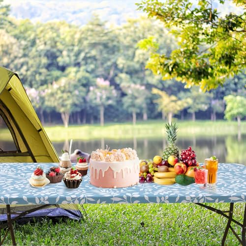 misaya Rectangle Vinyl Tablecloth, Fitted Table Cover, 100% Waterproof, Elastic Edge, Flannel Backing, Plastic Table Cloth Fit 4 Foot Folding Tables for Picnic, Outdoor (Blue Leaves, 24x48 inch) - color: Baby Blue, size: 48" x 24" (Rectangular)