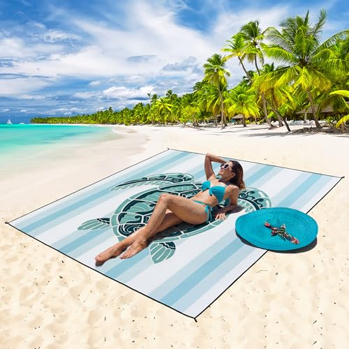 HIHOHO Beach Blanket Waterproof Sandproof Beach Mat 79”x 83” for 1-8 Adults Quick Drying Durable Outdoor Picnic Mat for Beach Festival Travel Camping Hiking (GN-Stripes Seaturtle, 79"×83"(4 Person)) - color: Gn-stripes Seaturtle, size: 6'11" x 6'7"