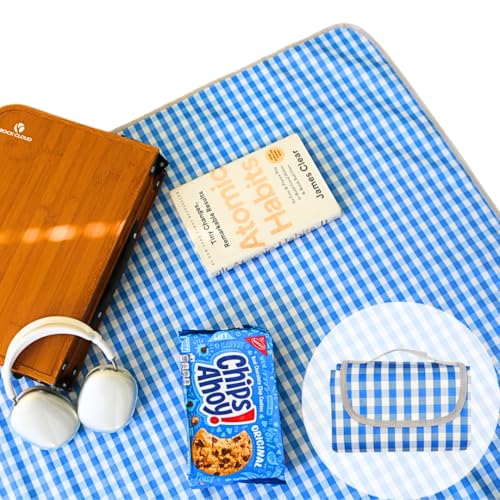 Cute Gingham Picnic Blanket, Waterproof Foldable, in Large 80x60in and Extra Large 80x80in, Portable Compact Beach Blanket, Oversized XL Outdoor Mat - color: Blue, size: Large