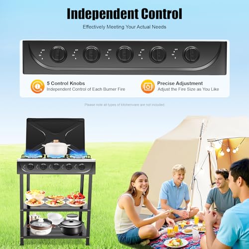 5 Burner Gas Stove with Wind Shield Portable 2.5KW Natural Gas Stove with 2 Storage Shelves for RV Apartment Outdoor Cooking - style: 5 Burner-Black