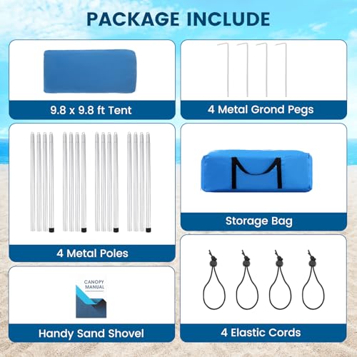 Beach Tent - 10 x 10 FT Beach Canopy, Outdoor Shade Canopy for Camping, Portable Beach Tent Sun Shelter UPF50 with 4 Stability Poles, Sandbags, Anti-Wind Ropes and Ground Pegs, Blue - style: 10*10 FT 4 Pole-Blue