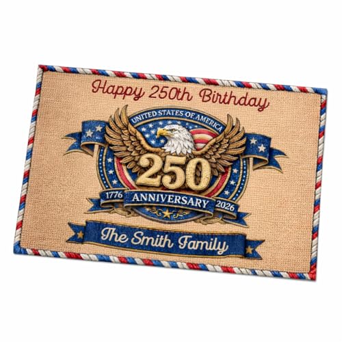 250th Birthday USA Faux Yarn Pattern Personalized Doormat Custom Family Name Patriotic Rug America's 1776–2026 250 Years Anniversary Welcome Door Mat Outdoor Decor for 4th of July Dad Mom - color: Multi 6