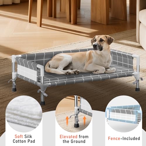 Elevated Dog Bed with Three-Sided Fence and Removable Cushion - Anti-Slip Feet, Stable Design, Easy Assembly, Indoor Relaxation & Outdoor Activities for Small/Medium Dogs, All-Season Comfort - size: Cushion-(M-)