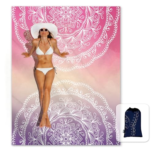 Sunlit Silky Soft Sand Proof Beach Blanket 106"x81" / 85"x72" Sand Proof Mat with Corner Pockets and Mesh Bag for Beach Party, Travel, Camping and Outdoor Music Festival, Mandala - color: Purple Red, size: 85"x72"