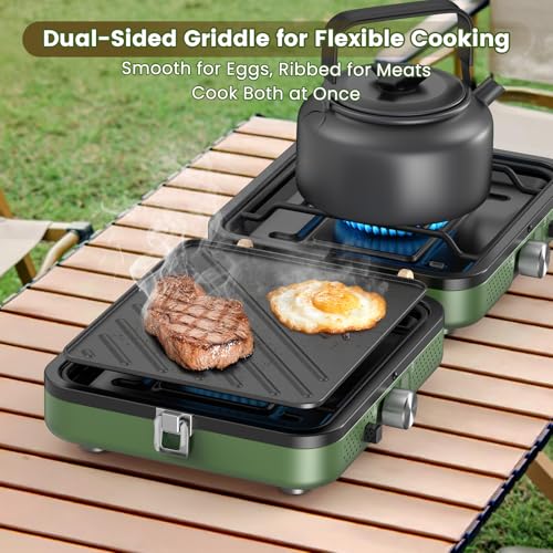 OGERY 2-Burner Foldable Camping Stove with Griddle (Textured & Smooth) and Carrying Bag, Portable Propane Camp Stove with 2 Adjustable Burners & Piezo Ignition, for Camping Tailgating Essentials Gear - color: Green