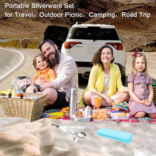 Travel Utensils Set with Silicone Case, Stainless Steel Silverware Set for Work Lunch Camping Picnic, Portable Cutlery Set on the Go, Easy to Clean (Blue) - color: Blue