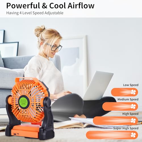 Portable Fan Rechargeable Battery Powered Fan,270°Pivot Cordless Battery Operated Camping Fans with LED Light & Hook,USB Personal Fans Outdoor Camping Essentials for Tent Beach Travel Reading - color: Orange