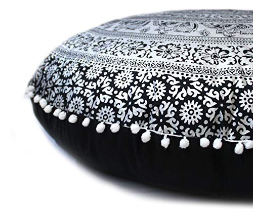 CRAFT KALA Large Hippie Floor Pillow Cover Mandala Meditation Cushion Case Pouf Cover Round Poufs Cover Bohemian Floor Cushion Cover Outdoor Fireplace Yoga Living Room Decor 32" Black Silver Elephant - color: Black Silver Elephant