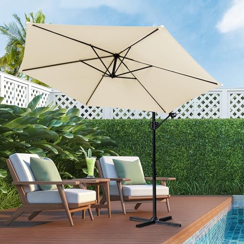 Shintenchi Patio Offset Umbrella with Easy Tilt Adjustment,Crank and Cross Base, Outdoor Cantilever Hanging Umbrella, Sunshade Canopy, Cream White - color: Beige, size: 16FT
