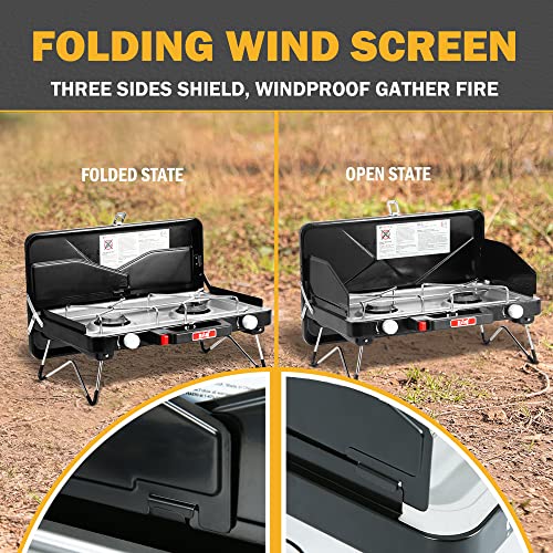 Feasto 2 Burner Propane Camping Stove with Folding Legs, Outdoor Portable Camp Stove with Push-Button Ignition & Wind Guards for Camping, Tailgating, BBQ, & More, Black - color: Black