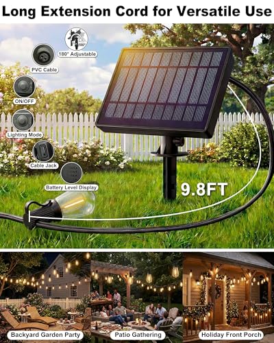 54FT Outdoor Solar String Lights, Patio Lights Solar Powered with Remote & USB Port, 24+1 ST38 LED Shatterproof Bulbs, Dimmable Solar String Light Waterproof for Camping, Backyard, Garden - size: 54FT (24Bulbs)