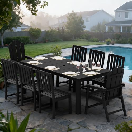 9-Piece Patio Dining Set, Outdoor Dining Set for 8, HDPE All-Weather Outdoor Furniture with 75.20” Umbrella Hole Table, 2 Armchairs & 6 Armless Chairs, Black - color: Black, size: 2 Armchairs & 6 Armless Chairs