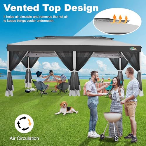 COBIZI 10x20 Pop up Gazebo, One-Push Setup Canopy Tent with Mosquito Netting & Vented Roof Design, Upgrade Metal Easy up Canopy Carpa Outdoor Gazebos for Backyard Camping Deck Party(White & Gray) - color: White & Gray, size: 10x20 FT Upgraded