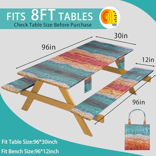 Fitted Waterproof Picnic Table Cover with Bench Covers Heavy Duty Elastic Outdoor Camping Tablecloth for 8 Foot Rectangle Tables Summer Rv Accessories Patio Garden Road Trip Essentials Gifts - color: Multi-colored Ethnic Wave Pattern, size: 96" x 30" (Rec