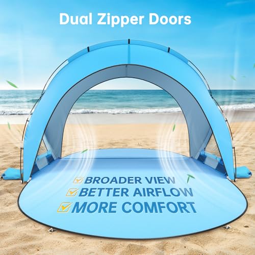 Raynesys Beach Tent Sun Shelter, Beach Shade Tent with UPF50+ UV Protection, Portable Sun Shelter for 1-3 Person, Shade Tents with 2 Zippered Doors for Sand Camping Fishing, Blue - color: Blue, size: For 3 Person