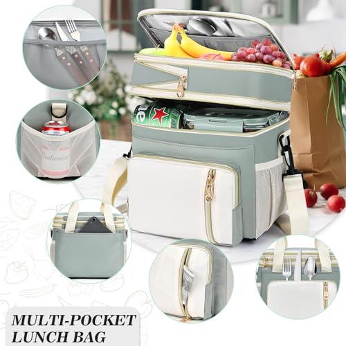 Lunch Box & Lunch Bag for Women Men, Expandable Large Insulated Adult Lunch Bag with Strap, Double Deck Leakproof Lunchbox Durable Cooler Bags for Work Picnic Beach,16L, Olive Green & White - color: Olive Green