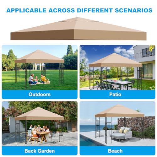 10x10 Gazebo Canopy Replacement Top, 300D High-Density Waterproof Single Layer Gazebo Cover with Heavy Duty Sun Shade Canopy, Folded UV Blocking Canopy Roof for Outdoor Patio Garden Tent Top (Khaki) - color: Khaki
