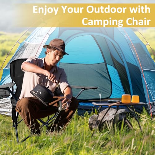 Folding Camping Chair with Cup Holder & Storage Bag, 225lbs Capacity, Large Anti-Sink Feet, Breathable PE Coated Fabric for Outdoor, Hiking, Beach, Fishing, Backpacking, 2PCS Black - color: Black, style: 2PACK