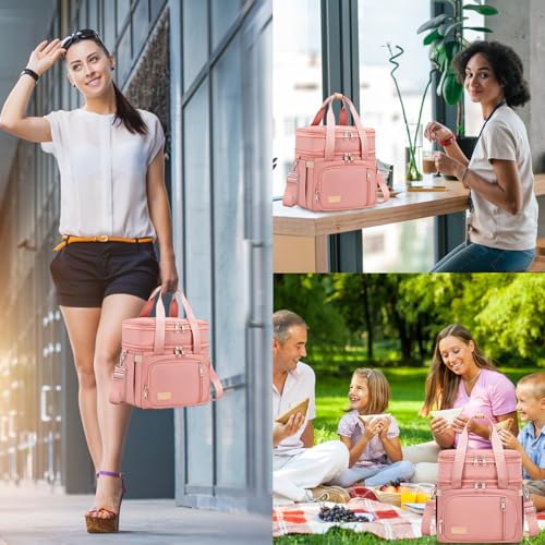 MAPLELILY Lunch Box for Men Women - Double Deck Insulated Lunch Bag, Large Leak Proof Tote Cooler, Wide Open Dual Compartment Lunch Bags with Shoulder Strap, For Work Picnic Hiking Beach, Pink - color: Pink