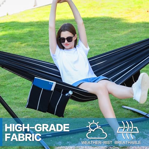 PNAEUT Double Hammocks with Stand for Outside, Portable Space Saving Heavy-Duty Steel Stand for Indoor Outdoor Patio with Carrying Bag, 450 lbs Capacity (Chasm) - color: Chasm