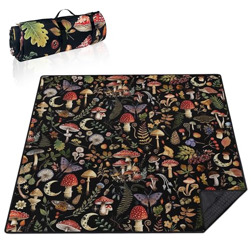 Supfitness Extra Large Picnic Blankets Waterproof Foldable (80"x 80") Mushroom Beach Blanket Waterproof Sandproof,3-Layer Thicking Mat Outdoor Packable Camping Blanket - color: Black-2, size: 6'8" x 6'8" (Square)