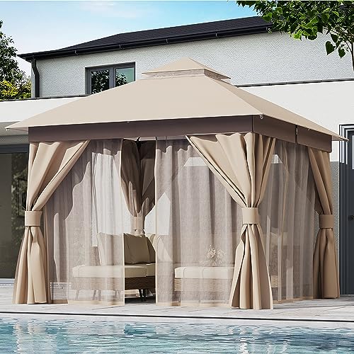 LAUSAINT HOME 10'x10' Outdoor Gazebo, Metal Frame Heavy Duty Patio Canopy Tent Shelter with Double Roofs, Mosquito Nettings and Privacy Screens for Backyard, Garden, Lawn, Khaki - color: Khaki, size: 10'x10'