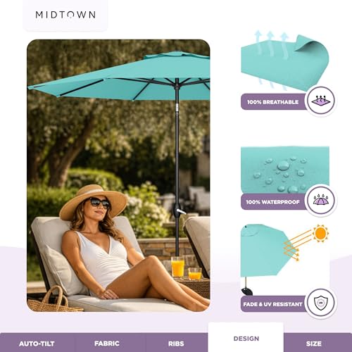 Midtown Umbrellas - The Lean 10 Ft Patio Umbrella with Fade-Resistant Sunbrella Fabric, Auto-Tilt Aluminum Frame and 8 Reinforced Ribs for Deck, Pool & Garden - Canvas Glacier Canopy, Black Pole - color: Sunbrella Aruba, size: 10 Feet