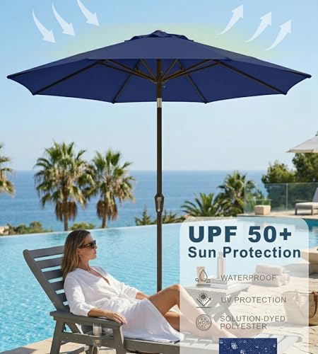 PatioKingdom Auto-Tilt 9FT Patio Umbrella Outdoor with 8 Sturdy Fiberglass Ribs,Market Table Umbrella for Pool,Backyard,Deck and Garden - color: Navy, size: 9FT
