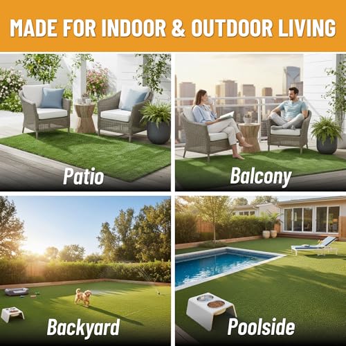 Ottomanson 2'7" x 12' Artificial Faux Grass Rug - Realistic Turf with UV Protection - Perforated for Easy Drainage - Durable, Hose-Off Synthetic Lawn Carpet for Indoor & Outdoor Use, Green - size: 12-ft