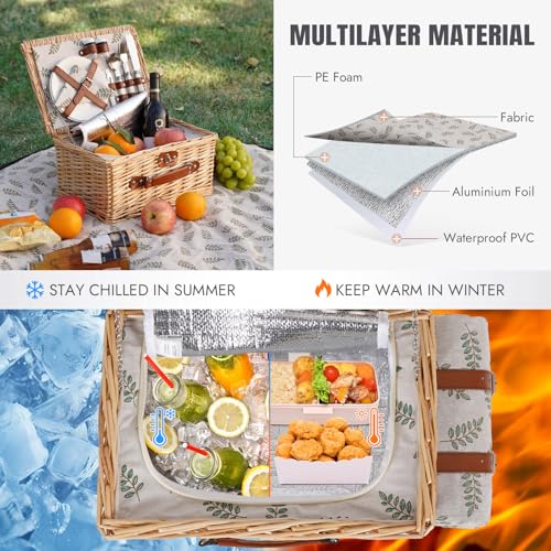 HappyPicnic Picnic Basket Set for 2 - Wicker Picnic Basket with Waterproof Blanket & Insulated Liner, Large Handmade Willow Hamper with Cutlery Kit for Outdoor, Picnic, Camping, Party, Holidays (Leaf) - color: Leaf