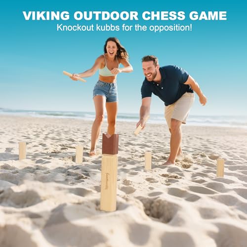 SunNordik Kubb Yard Game Set, Giant Viking Chess Outdoor Tossing Game with Carry Bag, Rubber Wood Backyard Lawn Game for Kids & Beginner - color: Classic