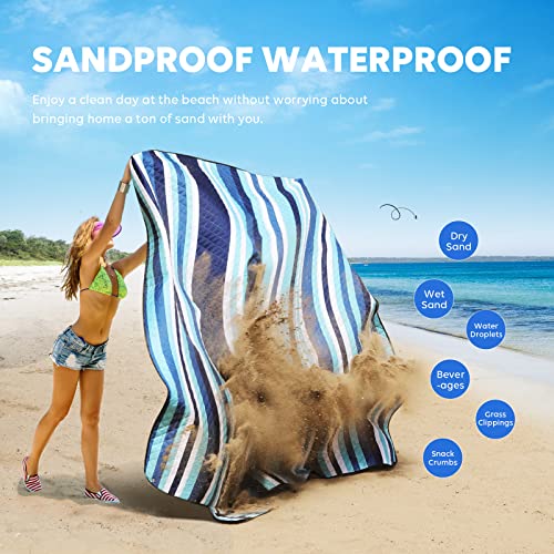 ZAZE Beach Blanket Picnic Blankets with Stakes, Thick 3-Layer 80*80 Oversized Waterproof Sandproof Compact Outdoor Mat, Big Extra Large Foldable Camping Park Vacation Travel Accessories(Blue Stripe) - color: Blue White Stripe With Stakes