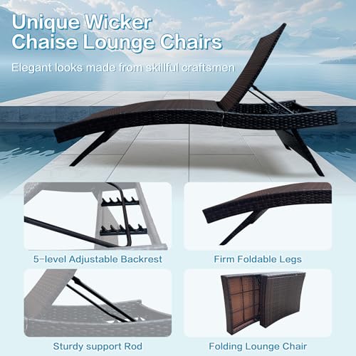 Folding Patio Chaise Lounge (Set of 1 Chair), Foldable Long Reclining Patio Seating Chairs, Outdoor Wicker Lounge Chair, Rattan Chaise Lounge Lawn Sunbathing Chairs Beach Pool Backrest Recliners - color: 1 Foldable Chair