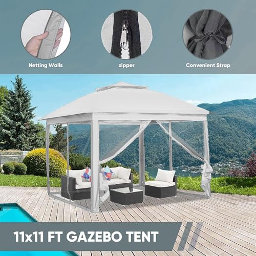 11x11 FT Gazebo Tent, Outdoor Tents for Parties with Mosquito Netting, Folding Heavy Duty Height Adjustable Canopy Tent for Patio Backyard Garden (White) - color: White