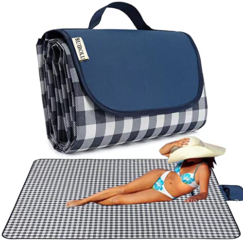 RUIBOLU Beach Blanket Large Picnic Blankets, 80x60in Sandproof Beach Mat for 2-4 Adults Waterproof Quick Drying Outdoor Picnic Mat for Travel Camping Hiking Festival Park Lawn (Dark Blue Plaids) - color: Dark Blue Plaids