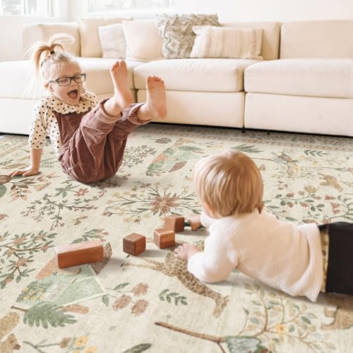 Beige Rug 3x5, Washable Boho Floral Botanical Animal Area Rug with Non Slip Backing Design,Indoor Soft Low Pile Carpet for Bedroom, Bedside, Kitchen, Kids Room, College Dorm for Girls - color: B#pink (Animal), size: 3' x 5' (Rectangular)