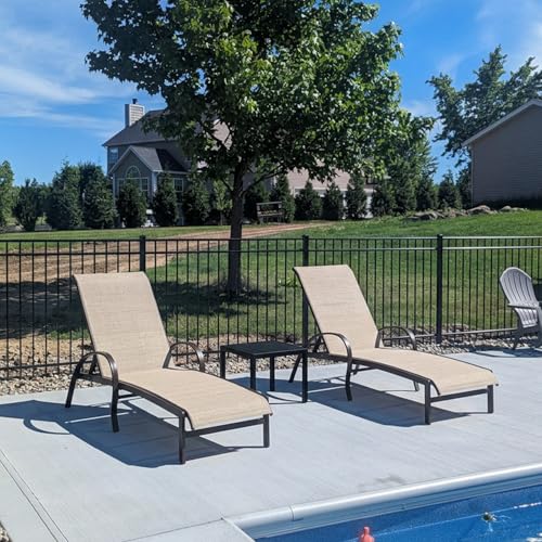 PURPLE LEAF Outdoor Chaise Lounge Chair Set of 3 Patio Pool Lounger Aluminum Chairs with Side Table Adjustable Tanning Recliner for Outside Yard Deck Lawn Garden Beach Light Khaki - color: Light Khaki, size: 2 Chairs & 1 Table