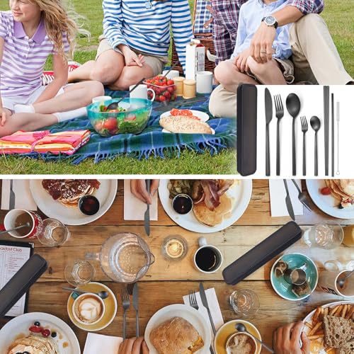 AARAINBOW 6 Pieces Stainless Steel Flatware Set Portable Reusable Cutlery Set Travel Utensils Set Including Chopsticks Knife Fork Spoon Straws Cleaning Brush Dishwasher Safe (B-Black) - color: B-Black