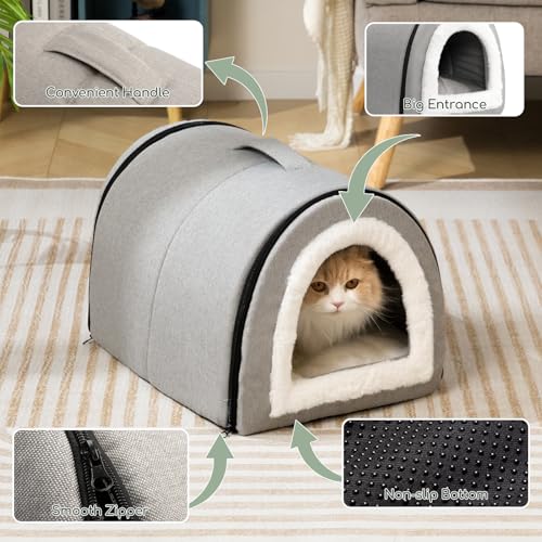 Hollypet Cat Bed Self-Warming 2 in 1 Foldable Kitty Cave Hut House Nest Pet Sleeping Bed, Linen Pet Condo for Indoor Cats, Gray Arched Cave - color: Gray Arched Cave
