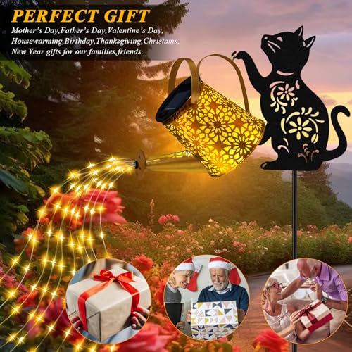 Solar Lights Outdoor Decorative, Watering Can with Cascading Lights, with Cat Silhouette Garden Stakes, Waterproof Metal Garden Decor for Yard Art, Outside, Patio, Lawn 2PACK - color: Cat 2 Pack