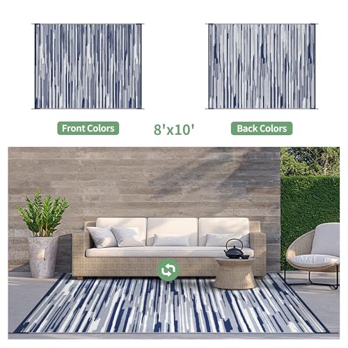 GENIMO Outdoor Rug for Patio Clearance, 8'x10' Waterproof Camping Mat, Reversible Plastic Straw Rugs for RV, Camper, Balcony, Backyard, Picnic, Deck (Blue White) - color: Blue White, size: 8' x 10' (Rectangular)