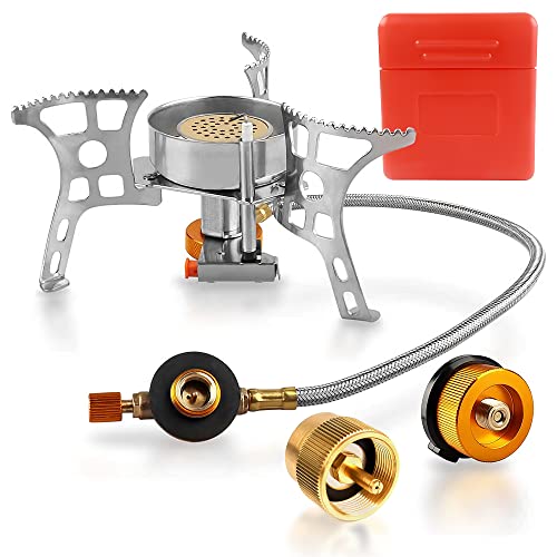 Camping Stove with Fuel Canister Adapter Portable Collapsible Gas Stove with Piezo Ignition-3900W-Lightweight-Windproof-Butane Adapter Camping and Backpacking Mini Stove Kit for Hiking
