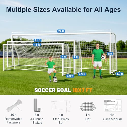MOPHOTO Soccer Goal, 6X4/8x6/10x6.5/12x6/16x7/18.5x6.5/21x7/24x8ft Soccer Goals for Backyard, Full Size Soccer Goal for Teens & Adults Training - size: 18x7FT, style: Alloy Steel