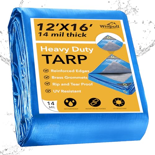 Winpull Tarp 12x16 Feet 14 Mil Heavy Duty Waterproof Tarp, Large Multipurpose Cover with Brass Grommets and Reinforced Edges, UV Resistant Thick Poly Tarps for Outdoor Camping Tent Pool Car, Blue - color: Blue/Silver-14mil, size: 12' x 16'